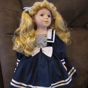 CROWNE FINE PORCELAIN COLLECTORS DOLL "SABRINA" W/ RED HAIR AND SAILBOAT  #209